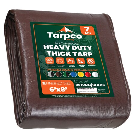 Tarpco Safety Heavy Duty Tarp, 8 ft L x 0.5 mm H x 6 ft W, 7 Mil, Brown/Black, Polyethylene TS-202-6X8